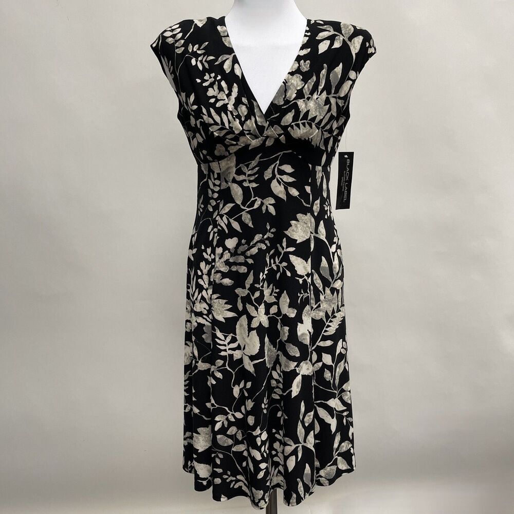 Black Label by Evan Picone Women's Bodycon Dress Size 4 Black Beige Leaves NWT
